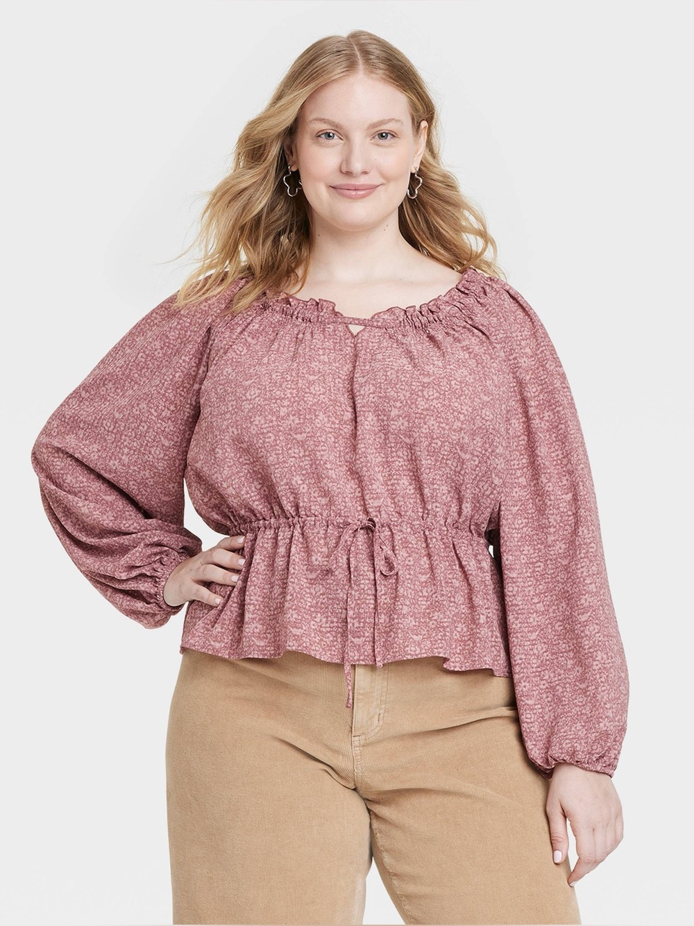 Universal Thread Balloon Long Sleeve Blouse Mauve Floral Crew Neck XXL